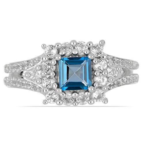 BUY REAL LONDON BLUE TOPAZ GEMSTONE HALO RING IN 925 SILVER